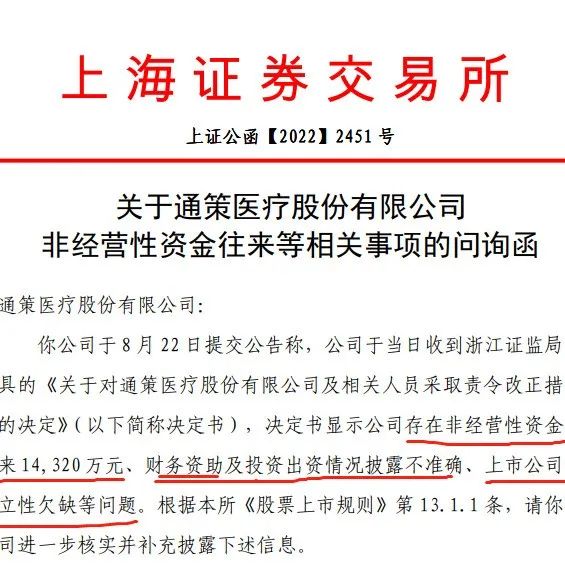 通策医疗：收到「上交所」问询函，涉非经营性资金往来、财务资助及投资出资情况披露不准确、独立性欠缺等