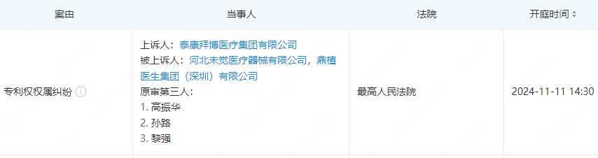 泰康拜博，起诉鼎植集团等专利权权属纠纷，于11月11日在最高人民法院知识产权庭公开审理